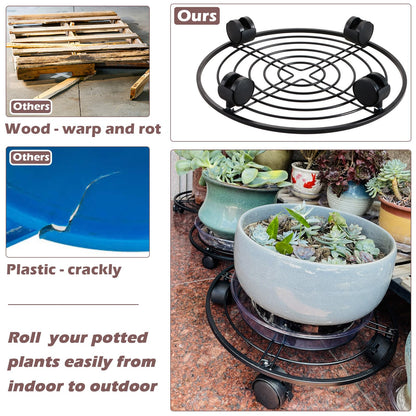 12" Metal Plant Caddy with Wheels 3 Packs Large Rolling Plant Stands Indoor Wheeled Plant Dolly Heavy-duty Planter Mover Roller Base Outdoor Plant Trolley Cart Water-proof, Plant Saucers on Wheels