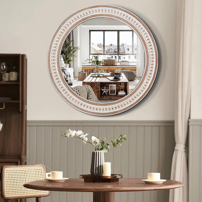 24 Inches Rustic Round Wall Mirrors - Wooden Farmhouse Circle Mirror for Bathroom, Entryway, Bedroom, Living Room, Entryway Decorative