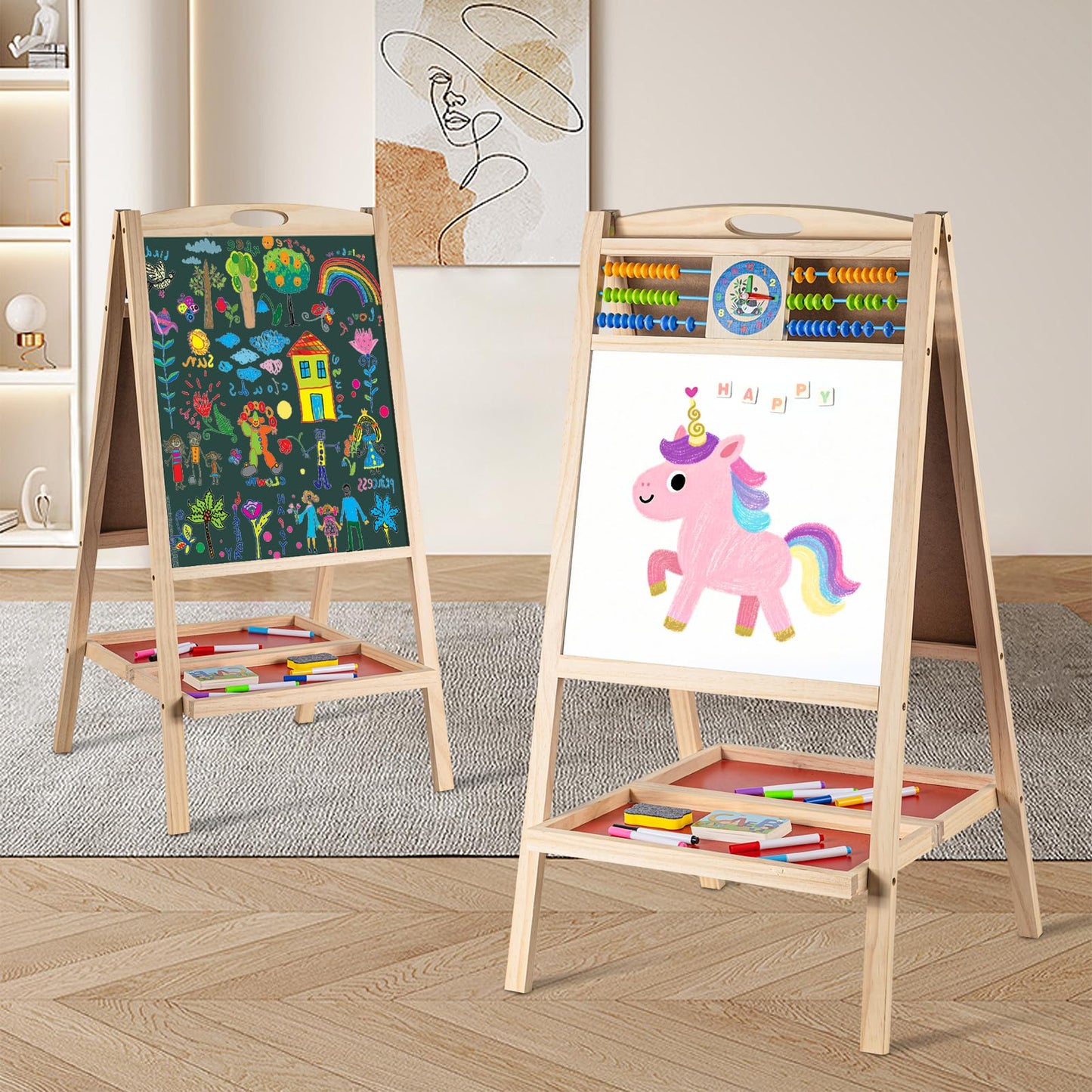 Kids Wooden Easel with Abacus, Double Sided Magnetic Drawing Board Dry Erase Whiteboard & Chalkboard， Foldable Easel for Toddlers 2-4 Years Painting Easel Kids 3-6