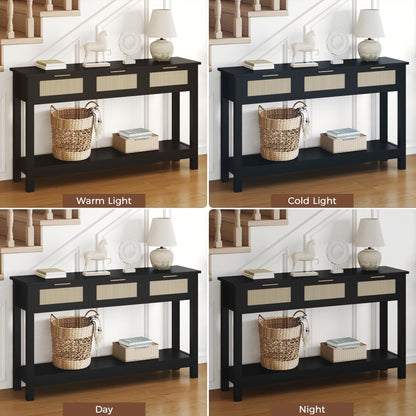 Luoxiao 47" Entryway Table with 3 Rattan Drawers, Narrow Console Table with Storage Shelf, Modern Black Slim Sofa Table for Living Room Hallway Foyer, Boho Entry Way Table, Anti-Tip, Easy Assembly