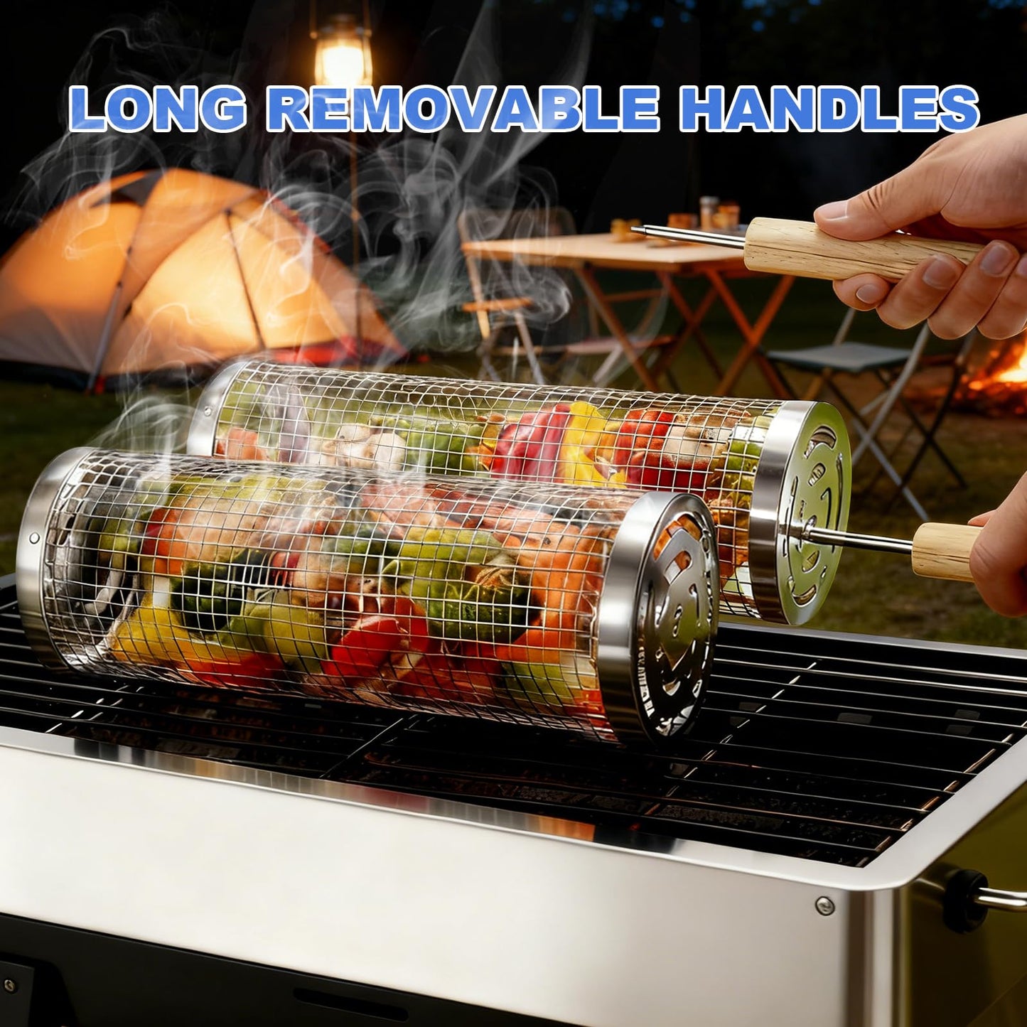 Rolling Grill Basket 2-Pack, Premium 304 Stainless Steel, Removable Wooden Handles, Upgrade Rolling Grill Baskets for Outdoor Grill, BBQ Grill Accessories for Outdoor Grill, Outdoor Gifts for men