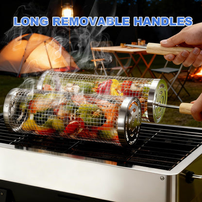 Rolling Grill Basket 2-Pack, Premium 304 Stainless Steel, Removable Wooden Handles, Upgrade Rolling Grill Baskets for Outdoor Grill, BBQ Grill Accessories for Outdoor Grill, Outdoor Gifts for men