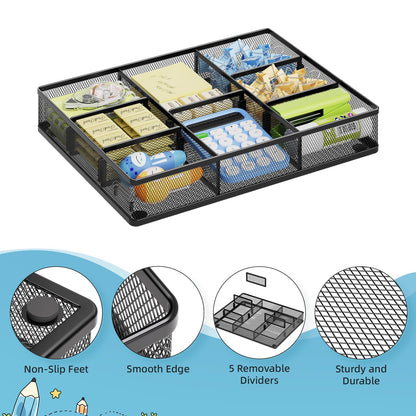 Marbrasse Desk Drawer Organizer, Metal Mesh Drawer Organizer Tray with 5 Adjustable Compartments,Desk Organizers and Accessories for Home,Office,Kitchen,Makeup,Vanity (Black)