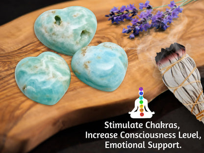 Amazing Gemstone Caribbean Calcite Crystal Heart Palm Stone - Pocket Massage Worry Stone for Natural Body Chakra Balancing, Reiki Healing and Crystal Grid