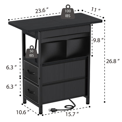 Yenlure Small Side Table with Charging Station, Narrow Nightstand Bedside Tables with Storage Pocket for Living Room Bedroom, Sofa End Table with USB Ports and Power Outlets for Small Spaces