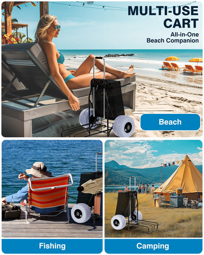 PYY Beach Cart with Big Balloon Wheels for Sand, Foldable Wagon Dolly Buggy Trolley for Outdoor Camping Shopping Fishing with 200 Lbs Loading Capacity, 9" Large Rolling Tires, Collapsible Storage Bag
