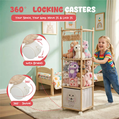 JoyPcsTable Stuffed Animal Storage with Removable Fabric Bins & Locking Wheels, 2-in-1 Wooden Toy Organizer and Display Shelf - Space-Saving for Playroom, Bedroom, Nursery