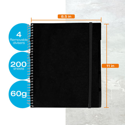 Confetti Spiral Notebook - Hole Punched - 4 Removable Dividers, Spill Proof Cover, Closing Elastic Band, Storage Pocket - Sturdy Bound Notepad, School & Office Supplies - 200 Sheets - Black