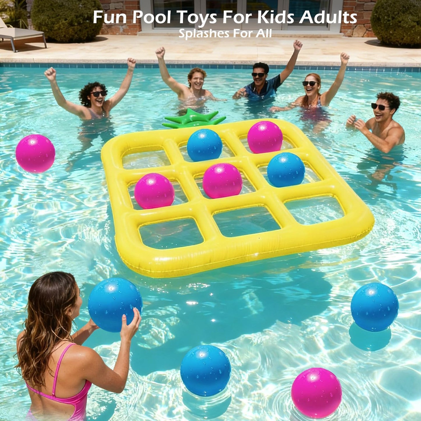 Jasonwell Tic-Tac-Toe Pool Toys Games - Giant Floating Tic Tac Toe Game Float with 10 Balls Pineapple Pool Game Party Toy Floats Yard Field Day Games Outdoor Beach Toys for Adults Teens Kids (Yellow)