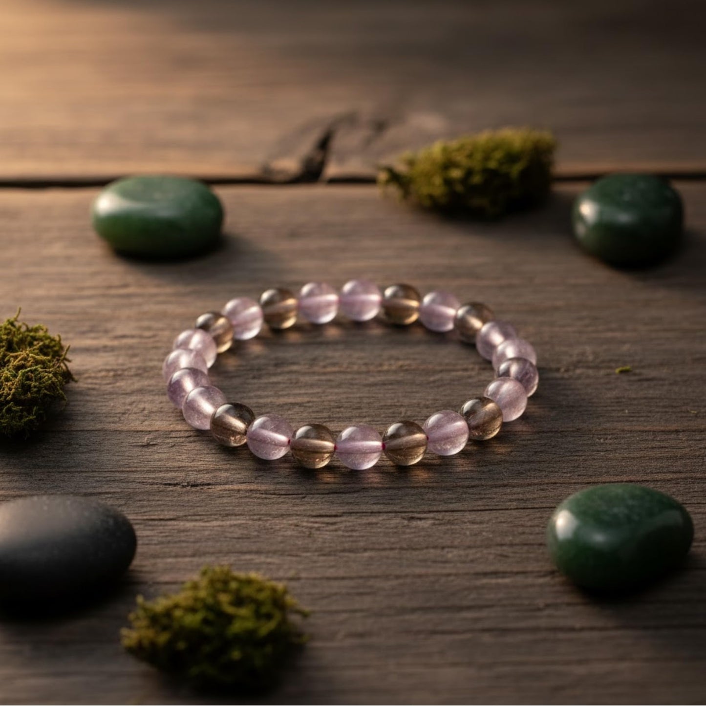 The Alchemist's Arcanum Adjustable Beaded Wrist Accessory for Men and Women, Stretch Fit Stone Bead Jewelry for Daily Wear and Gifting (Amethyst & Smoky Quartz)