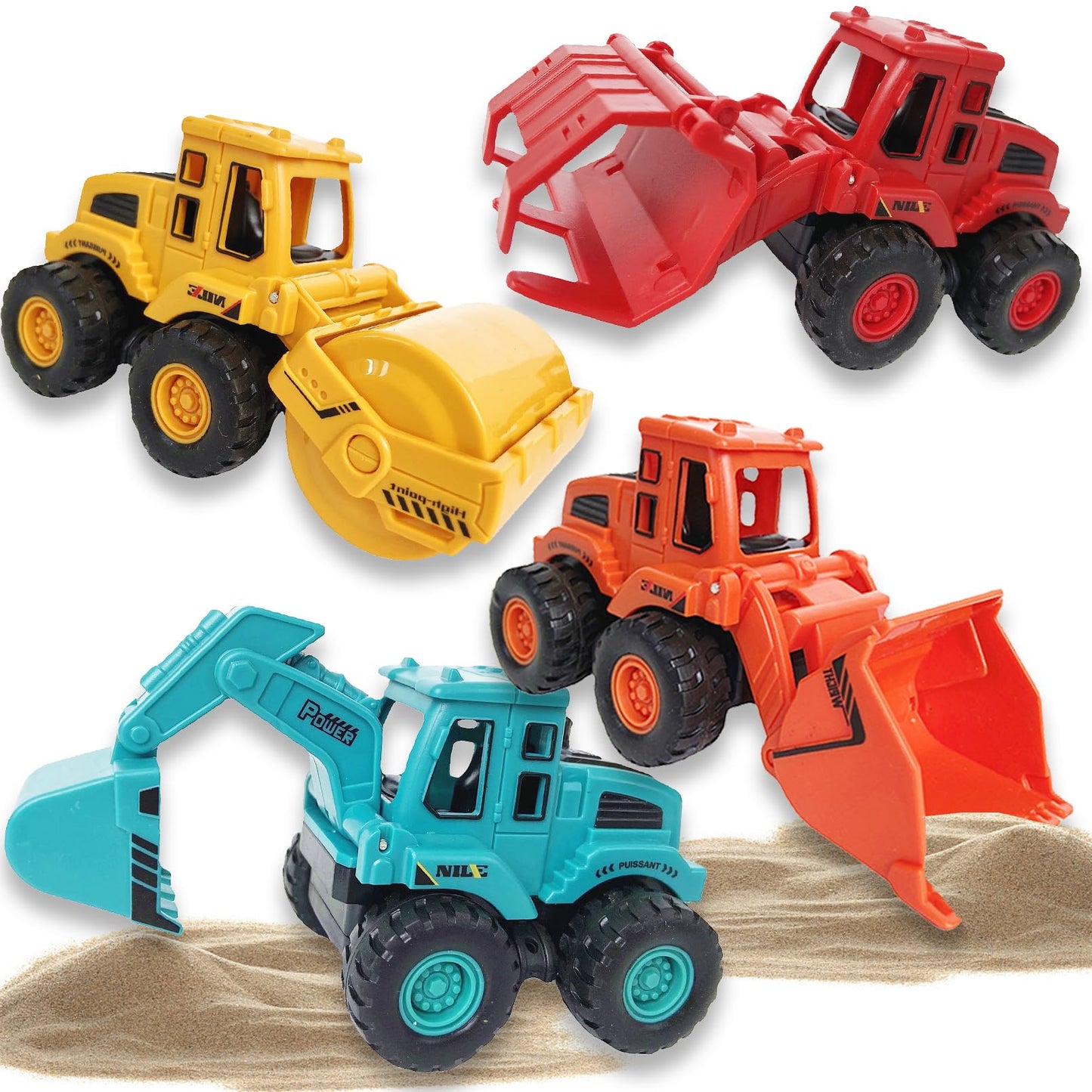 exinddea 4PCS Construction Toys,Friction Powered Construction Truck Toys Vehicles,Mini Construction Vehicles Toys Sand Truck Toys,Bulldozer Excavator Roller Truck Toys Gift for Kids Boys Girls