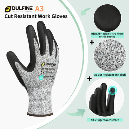 DULFINE A3 Cut Resistant Work Gloves for Men Women,Touchscreen Foam Nitrile Coated,12 Pairs Pack,Ideal for,Glass Cutting(L)