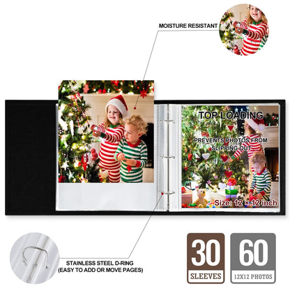 Lanpn 12x12 inch Scrapbook Photo Album, Linen Cover Archival Acid Free Top Load 3 Ring Binder Folder Photo Book 12 x 12 with 30 Plastic Sleeves 60 Pages (Black)