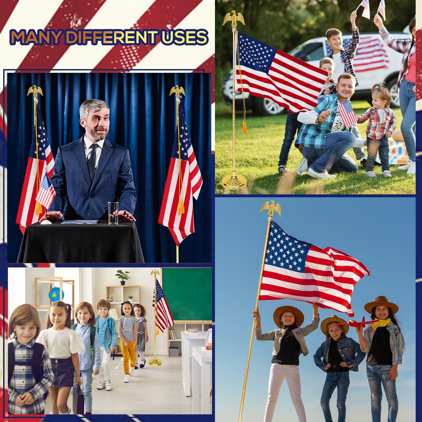 Hicarer 2 Set Metal Telescoping Indoor Flag Pole with Base and Eagle Topper, 250th Independence Day Veteran Day Portable Flag Pole Kit American Heavy Duty Aluminum Us for 250th Office School (8 ft)
