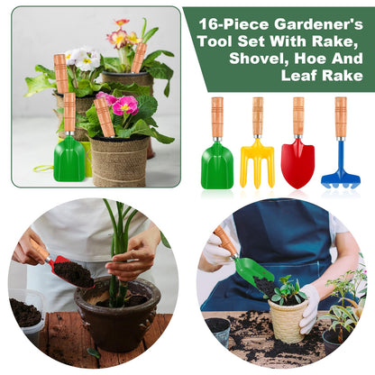 16 Pcs Gardening Tools Metal Garden Beach Sandbox Digging Including Shovel, Rake, Fork and Trowel, Garden Beach Sand Tools with Wooden Handle Hoe for Gift Outdoor Gardening