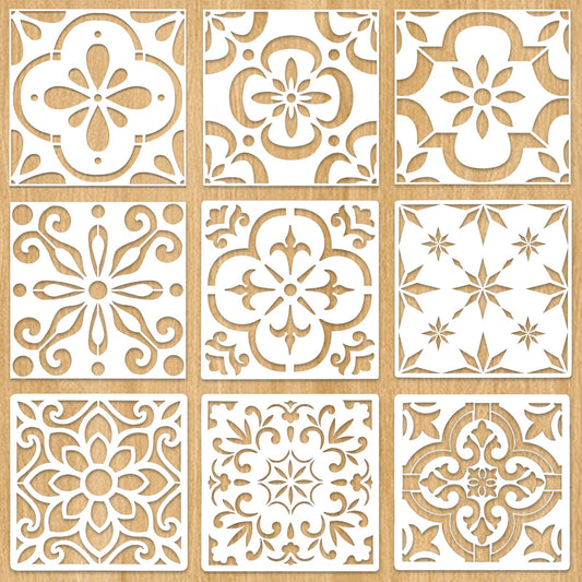 9PCS Large Floor Tile Stencils 12"x12" Reusable Wall Templates for Painting on Floors, Tile, Concrete Patio, Wall, Furniture, Canvas, Mexican Talavera Stencils Set