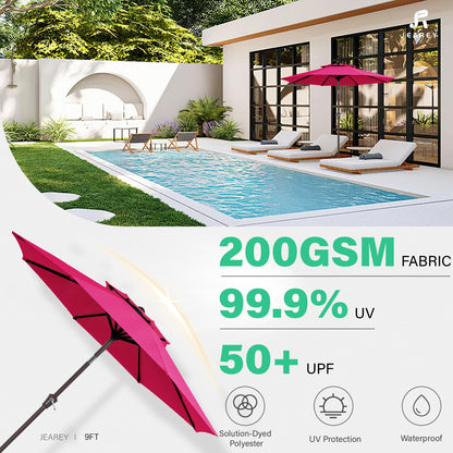JEAREY 9' 2-Tiers Patio Umbrellas Outdoor Table Market Umbrella w/Push Button Tilt/Crank, 8 Sturdy Ribs, UV Protection Waterproof Sunproof(Rose Pink)