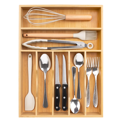 Bellsal Natural Utensil Organizer 12.5 Inch Silverware Organizer for Drawer Utensil Holder Cutlery Organizer Kitchen Drawer Organizer 7 Compartment Small Narrow Bamboo