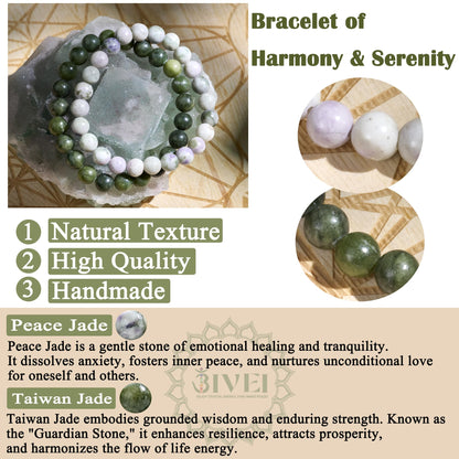 Bivei Natural Gemstone Semi Precious Healing Crystals Handmade Stretchy Round Beads Bracelet, Enhance Positive Energy,Stocking Stuffers for Women(Taiwan Jade & Peace Jade (Growth & Balance)(Large))