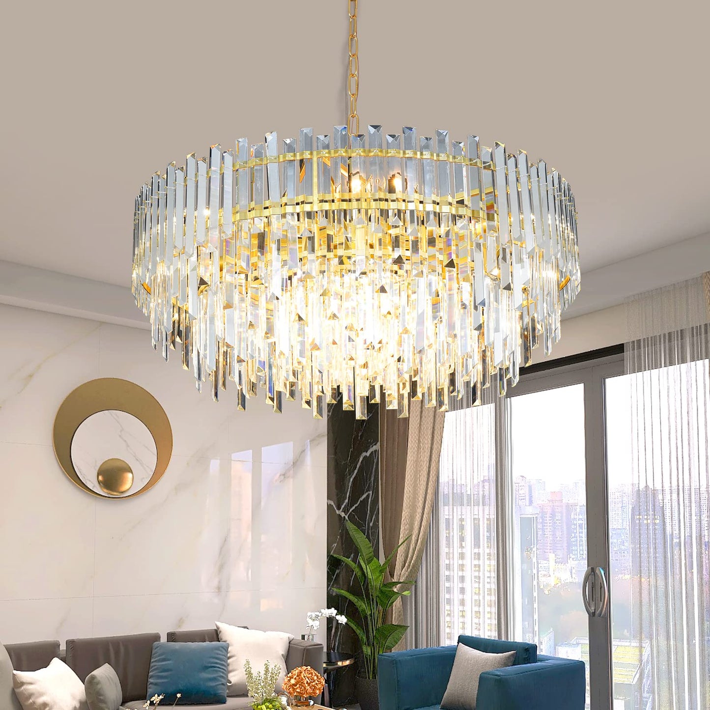 Lt-vt Gold Copper Crystal Chandelier Lighting 31'' for Dining Rooms Bedroom Foyer Entryway Ceiling Hanging Pendant Chandelier Light Fixture Lamp