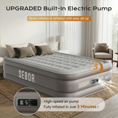 Sebor Air Mattress Queen with Built-in Pump 18", Comfortable Self-Inflating Blow up Mattress with High-Speed Pump, Durable Queen Size Air Mattress with Storage Bag for Guests, Moving, Camping, Travel