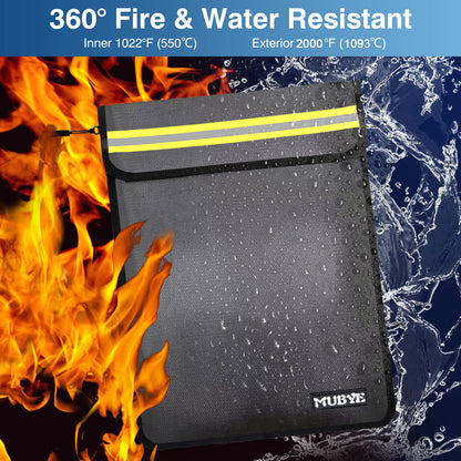 Fireproof Waterproof Money Document Bag - 15"x 11" Safe Zipper Bags with Reflective Strip, Fire & Water Proof Storage Organizer Pouch for Important Documents Holder,File,Cash,Passport(Black+Gray)