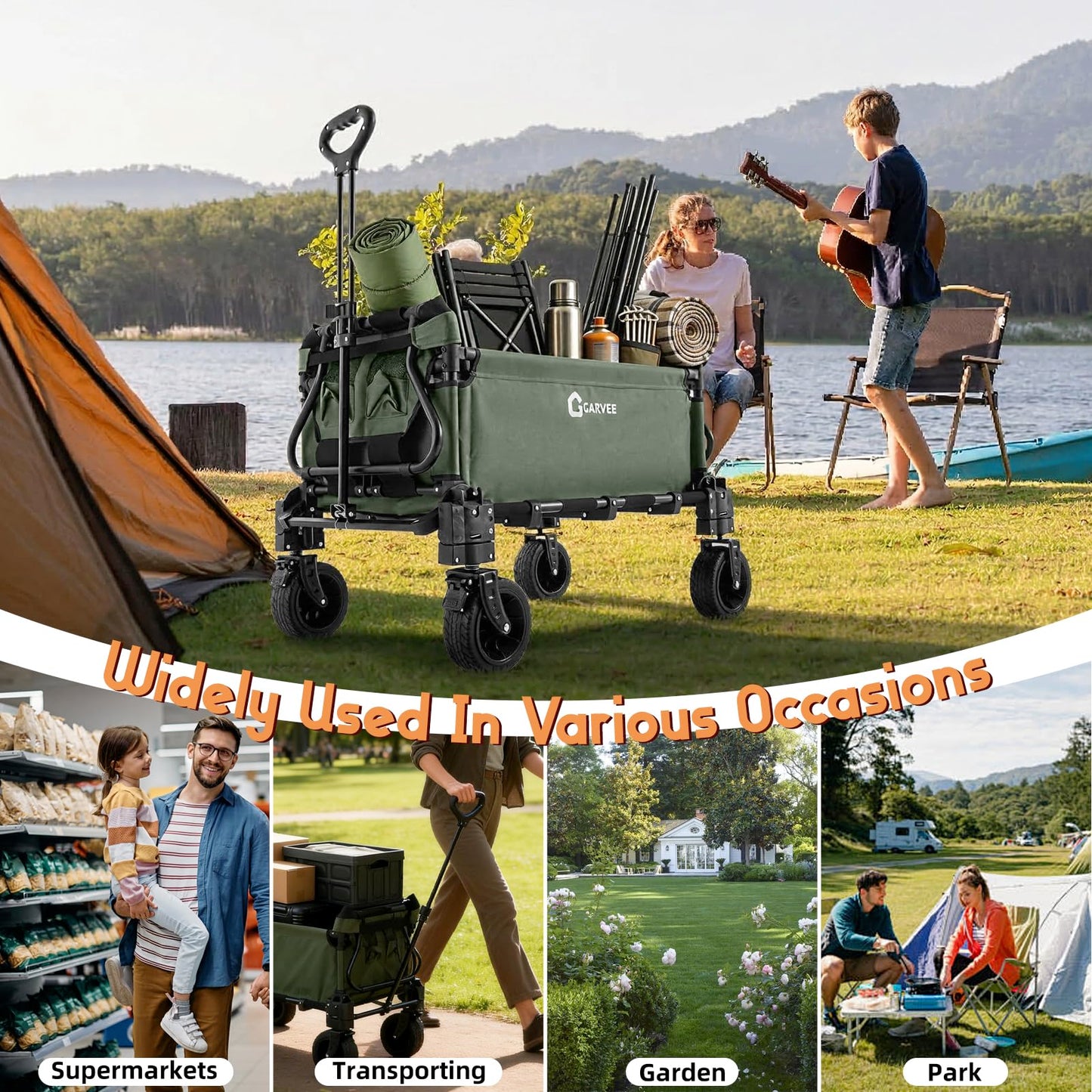 2-in-1 Beach Wagon Cart, Folding Collapsible Wagon with Large Capacity, Converts to Lounge Chair, All-Terrain 360° Swivel Wheels, Heavy-Duty Carbon Steel Wagon for Beach, Camping & Garden-Green