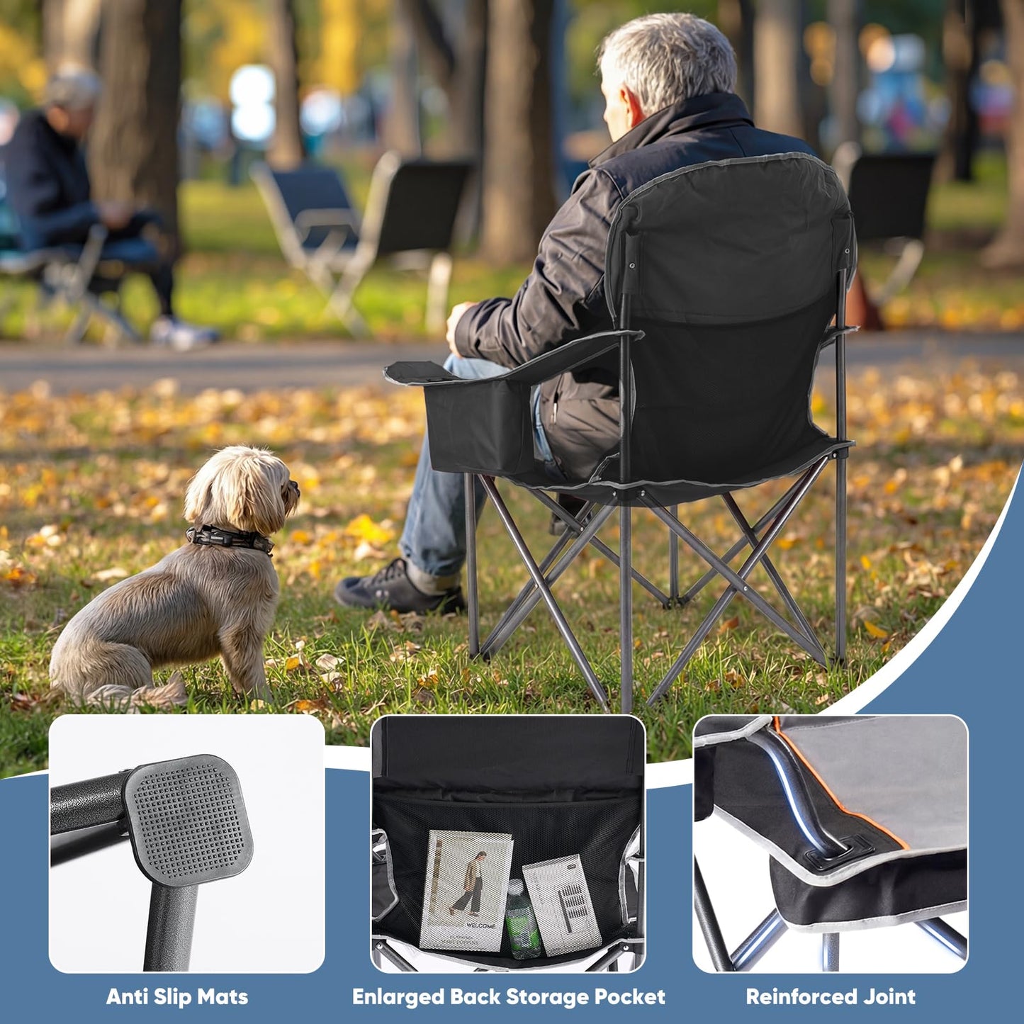 NEWBULIG Oversized Folding Camping Chair for Adults, Portable Outdoor Collapsible Chairs, 500 LBS Heavy Duty Support, with Cup Holders, for Lawn, Fishing, Hiking, Black