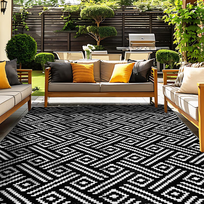 OPPODREAM Outdoor Rug 8x10 Patio Waterproof, Large Outdoor Plastic Straw Rug, Reversible Out Door Carpet for Camping, Deck, Rv, 8 x 10 Area Carpet for Balcony, Porch, Backyard, Black and White