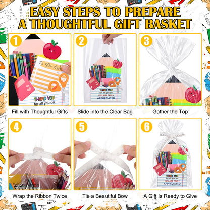 Eaasty 12 Pack Teacher Appreciation Gifts Bulk, Thank You Teacher Gift Boxes with Ribbon Cards, Foldable Pencil Design Paper Basket for End of Year Party Decorations