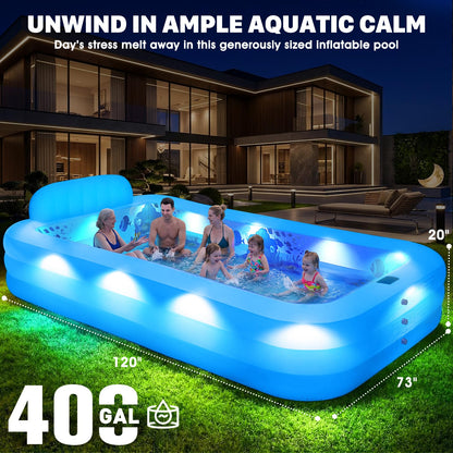 AixPool Extra Large Inflatable Pool With Lights,Upgraded Solar Powered Blow Up Pool For Adults,Inflatable Kids Swimming Pool with Seat& Backrest,Big Inflatable Kids Pool For Backyard,120x73x20IN-White