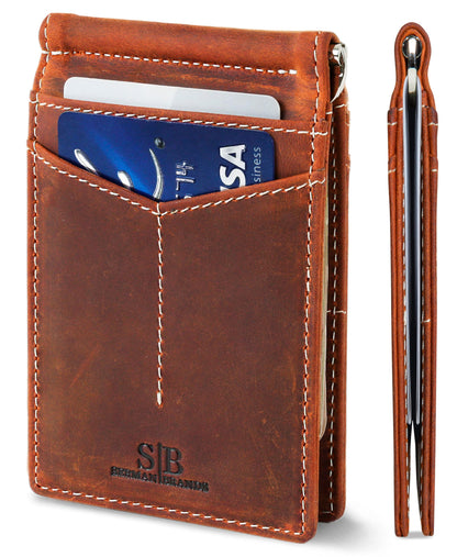 SERMAN BRANDS RFID Blocking Wallet Slim Bifold - Genuine Leather Minimalist Front Pocket Wallets for Men with Money Clip Gift (Canyon Red)