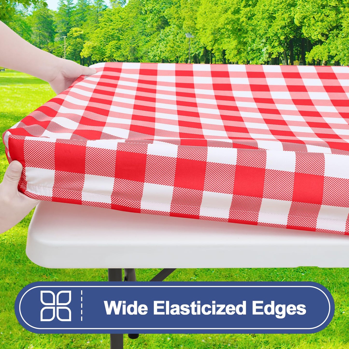 Smiry Picnic Table Cover with Bench Covers, Waterproof Elastic Fitted Tablecloths for 6 Foot Rectangle Tables, Washable Buffalo Plaid Tablecloth for Camping & Christmas(Red & White, 30"x72")