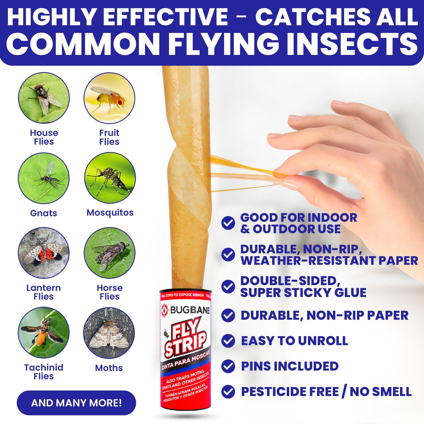 Fly Strips Indoor Sticky Hanging 48pk with Pins. Non Toxic Outdoor Fly Trap Indoor for Home. Flies Tape Paper Trap Ribbon Roll for House Gnat Fruit and Housefly. Bug Catchers for Inside Home Flypaper.