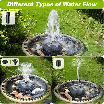 Solar Fountain Bird Bath with Solar Panel, Rockery Granite Water with 5 Nozzles Solar Water Fountain for Birdbath Outdoor, Pond, Patio Garden, and Fish Tank