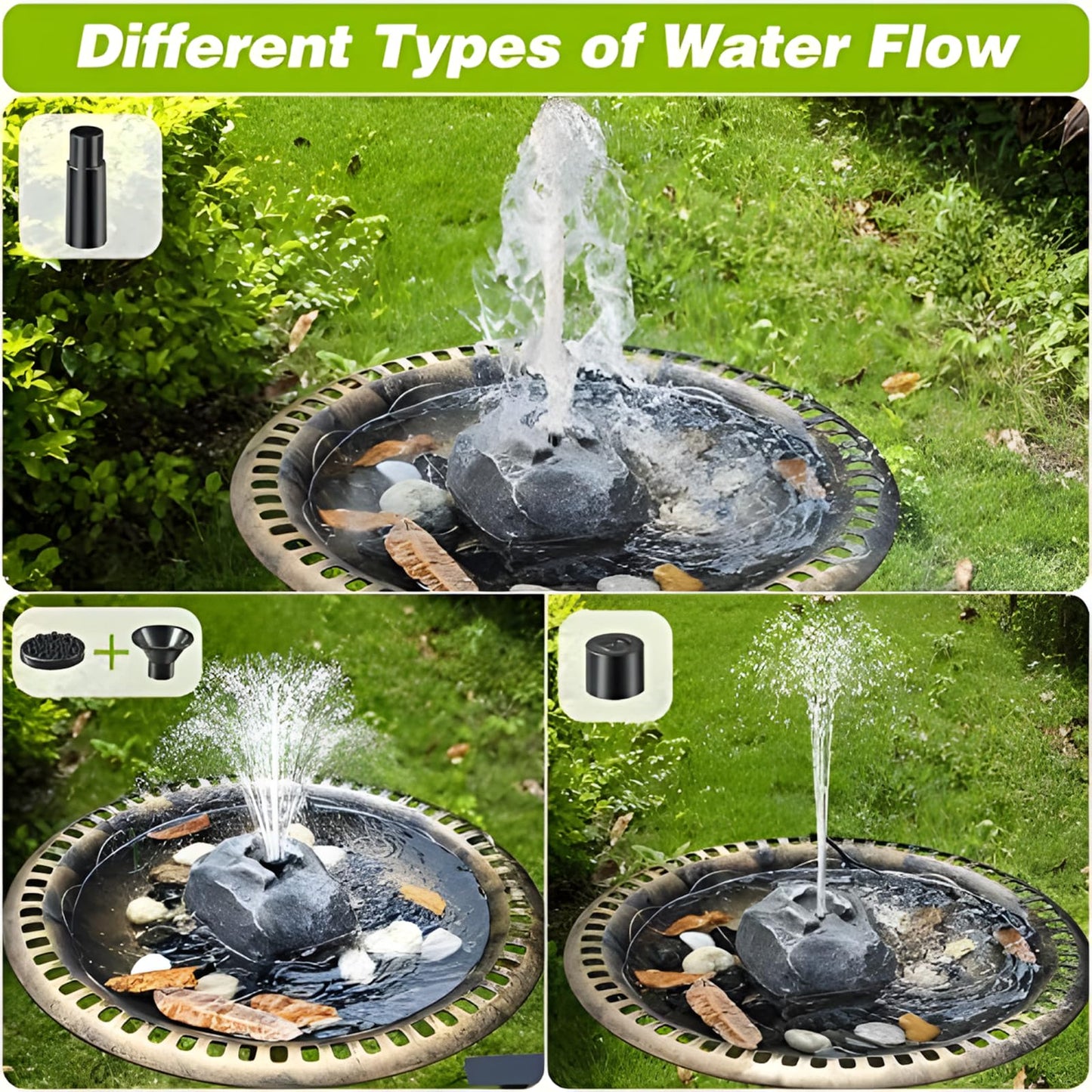 Solar Fountain Bird Bath with Solar Panel, Rockery Granite Water with 5 Nozzles Solar Water Fountain for Birdbath Outdoor, Pond, Patio Garden, and Fish Tank