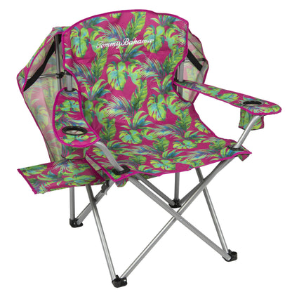 Tommy Bahama Extra-Wide Folding Beach Chair with Max Shade Canopy, Side Table, and Cup Holders, 25" W Outdoor Portable Camping Chair with Canopy, Supports up to 500 lbs., Pink/Green