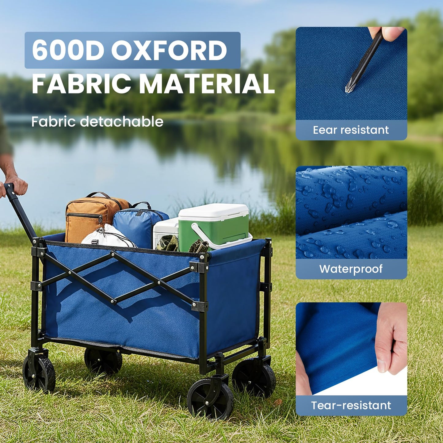 DUMOS Collapsible Wagon with Wheels, 220 lbs Wagons Carts Foldable Wagon Cart with Flexible Handle, Lightweight Portable Folding Utility Shopping Cart for Grocery Sports Garden Camping - Blue