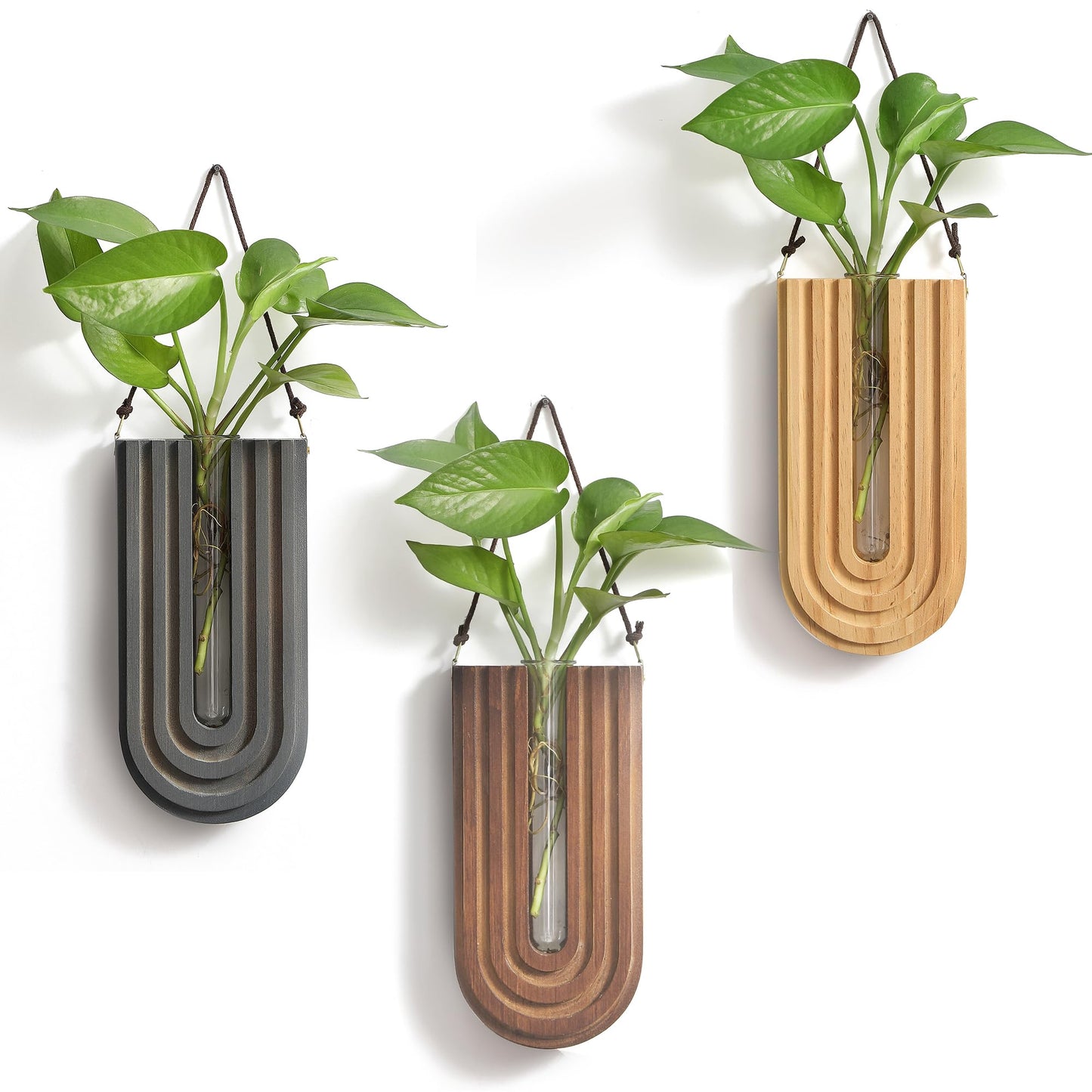 GRID FORTE Wood Wall Planter Indoor, Propagation Station, Wooden Hanging Vase for Dried Flowers, Plant Holder, Boho Wall Décor for Living Room Rainbow U Shape (Set of 3)
