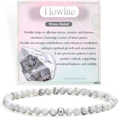 Farfume Howlite - Relief - Beaded Bracelets for Women,Handmade Natural Stone 4mm Beads 925 Sterling Silver Stretch Bracelets, Chakra Crystal Gemstone Jewelry Gifts for Mom