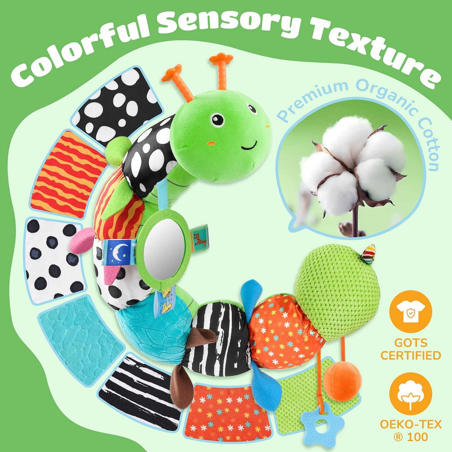 AWOTOY Baby Toys 6-12 Months Music Caterpillar Infant Toys Stuffed Animals 0-3-6 Months Tummy Time Teething Sensory Toys with Mirror Rattle&Pull String Boys Girls Birthday Gifts Easter Basket Stuffer