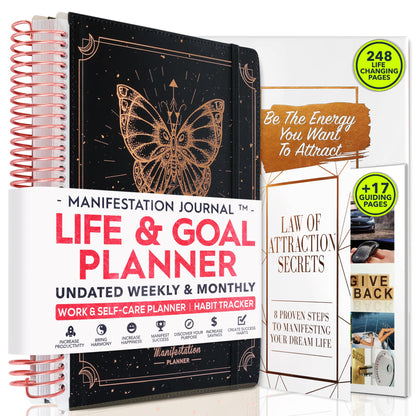 Manifestation Journal – Hourly, Weekly & Monthly Planner | 12-Month to Increase Productivity, Life Organizer & Goal Planner | Spiral Journal, Habit Tracker, Foldable Vision Board, Gift Box & Stickers