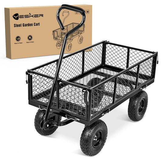 Yesker Steel Garden Carts - 800lbs Dump Wagon with All Terrain Inflatable Wheels for Yard Lawn Farms Gardening - Heavy Duty Utility Outdoor Hauling Wheelbarrow