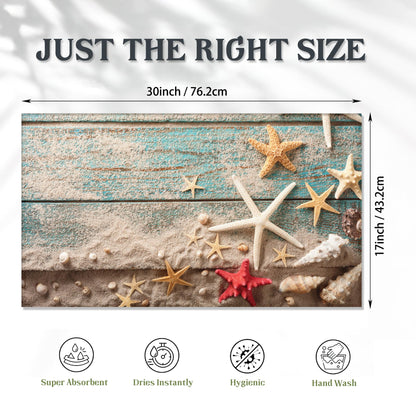 Door Mat,Beach Seashell Starfish Front Doormats 17''x30'',Blue Wooden Indoor Outdoor Entrance Welcome Mat,Low-Profile Floor Rugs for Entry Patio