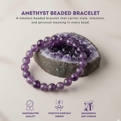 Cherry Tree Collection Amethyst Beaded Bracelet – Genuine 8mm Gemstone Stretch Bracelet for Men & Women – Handmade Crystal Bracelet - (Amethyst - M)