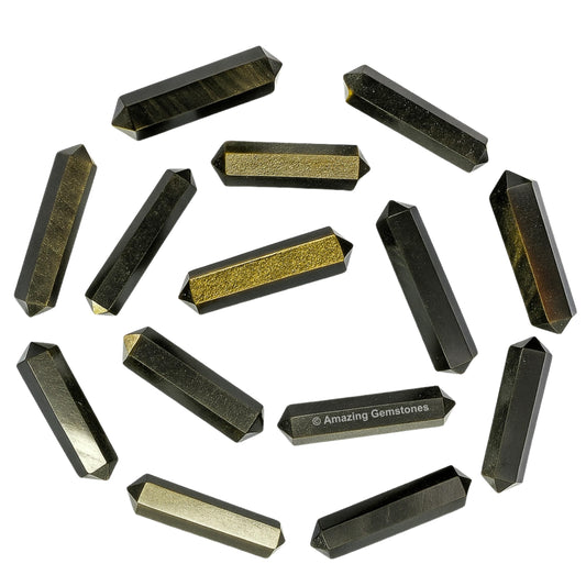 Amazing Gemstone Gold Sheen Obsidian Crystal Points Bulk Healing Crystals - Pack of 3 Double Terminated Healing Wand Point Bulk Crystals for Crafts,Crystal Grid - Premium Crystals for Beginners Gifts