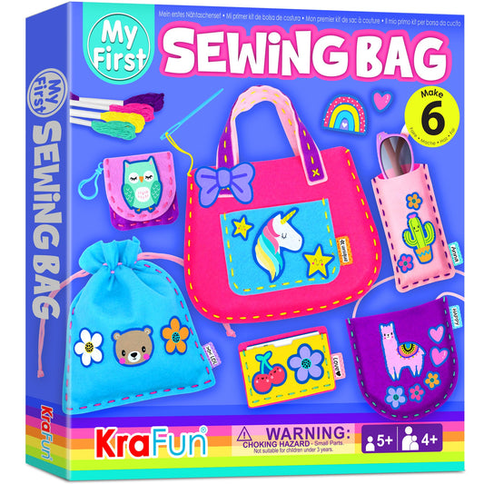 KRAFUN My First Sewing Bag Kit Arts & Crafts for Beginner Kids, 6 Easy DIY Sewing mini Bag Holder Case Projects of Animal Theme, Instructions Learn to Sew & Felt Embroidery, Gift for Girls & Boys