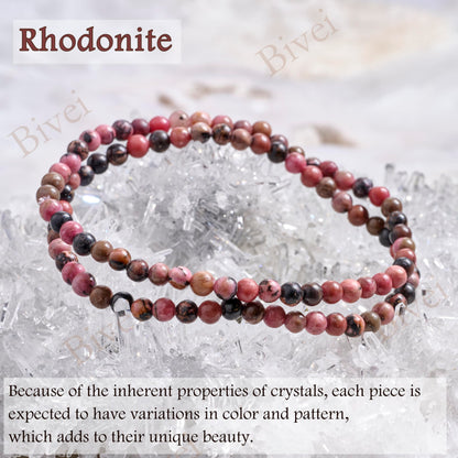 Bivei Rhodonite - Healing - 4mm Beaded Bracelets for Women Handmade Semi Precious Natural Stone Stretch Elastic Jewelry Yoga Protection Gifts Small