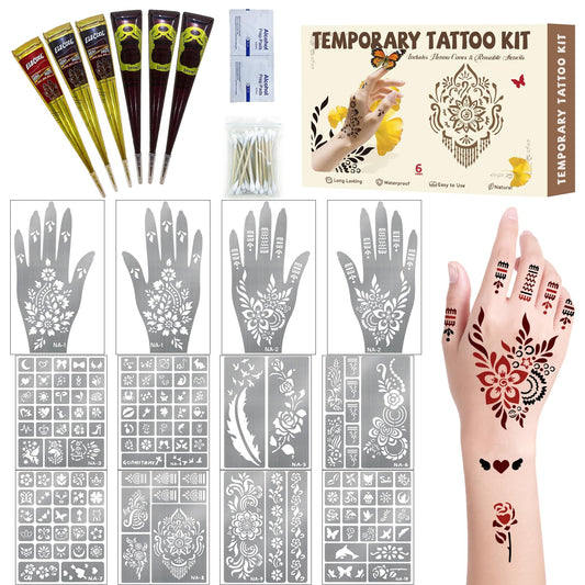 Gabizafia 136 PCS Henna Tattoo Stencil Kit, 6 PCS Ink Brown Black Cherry Red Henna DIY Face Body Art Mehndi Henna Stencils Skin Painting Tattoos Kit for Adult Women Men Bridal Wedding Ramadan Party