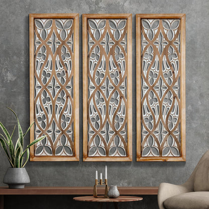 XIAOAIKA Hand Carved Boho Wood Wall Art - Decorative Large Wall Panels, Antique Distressed Wood Sculpture, Elegant Wall Decor Hanging Plaque, Suitable for Gifting (35.5 Inch, 3 Panels)